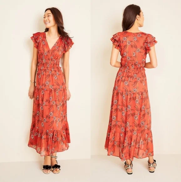 Ann Taylor Maxi Orange Gold Floral pleated dress - Picture 6 of 7